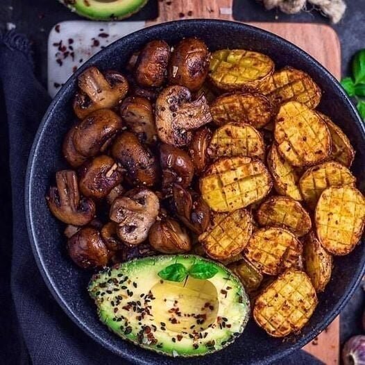 Vegan Crispy Potatoes & Mushrooms with Avocado