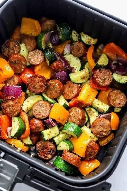 10 Minute Air Fryer Chicken Sausage and Veggies