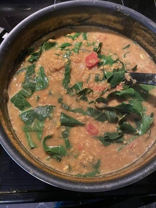 VEGAN RED LENTIL COCONUT CURRY WITH FRESH COLLARD GREENS