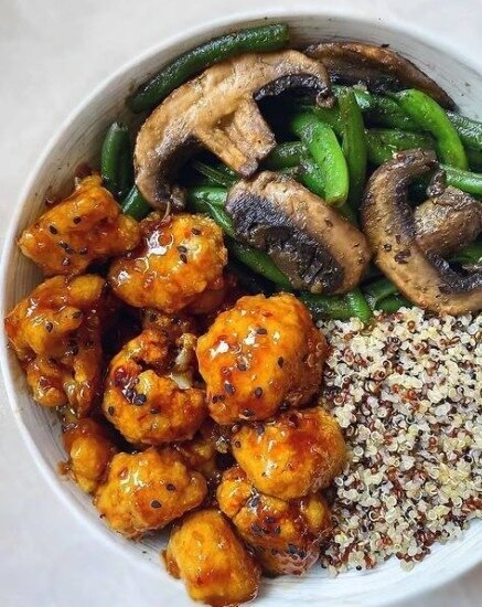 Sticky Sesame Cauliflower and Seasoned Vegetables