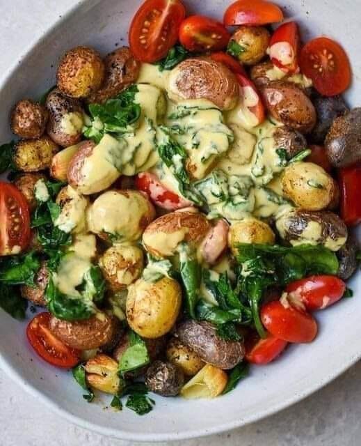 Oven-Roasted Baby Potatoes with Spinach, Roasted Garlic, Grape Tomatoes