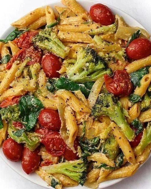 Cheesy Penne with Cherry Tomatoes, Spinach, and Broccoli