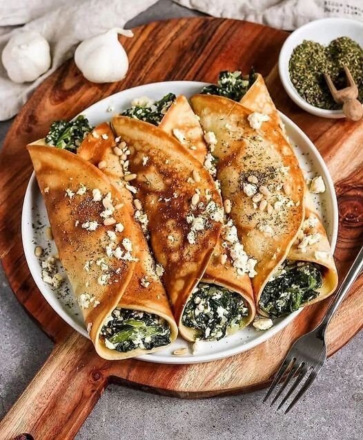 Vegan Oven-Baked Filled Crepes with Spinach and Feta