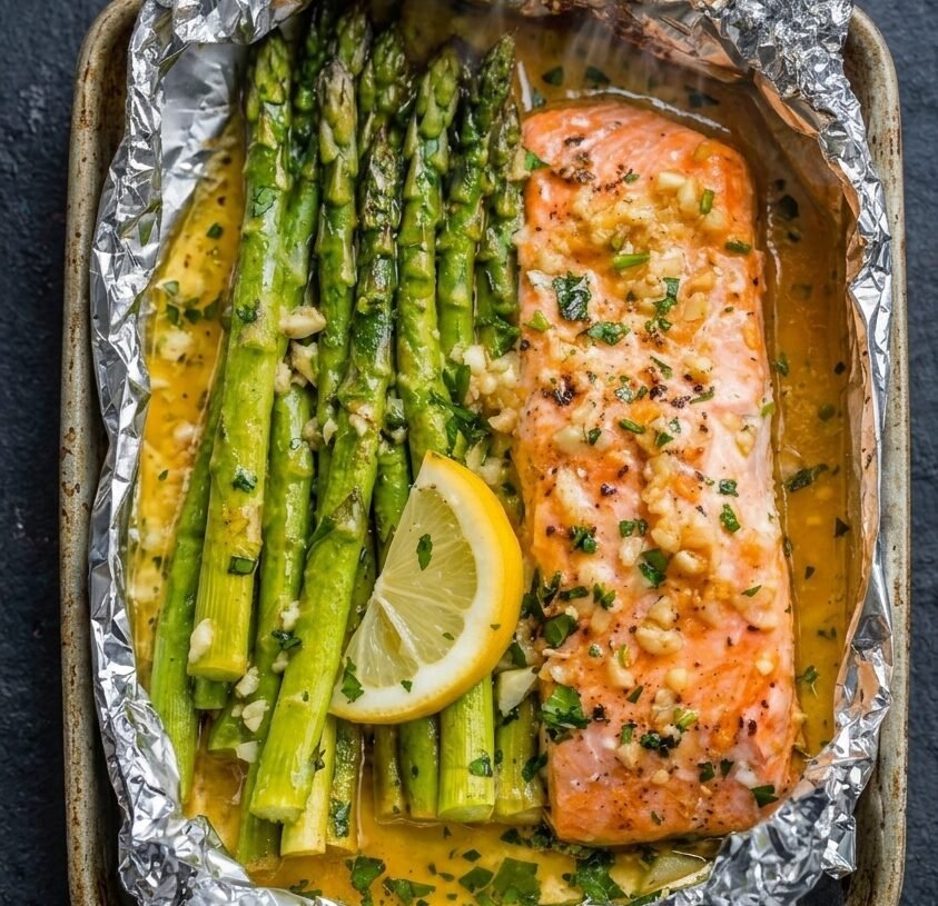 Baked Salmon in Foil with Asparagus and Lemon Garlic Sauce