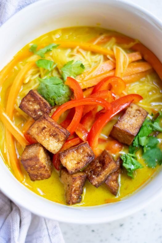 Vegan Thai Coconut Soup with Crispy Tofu