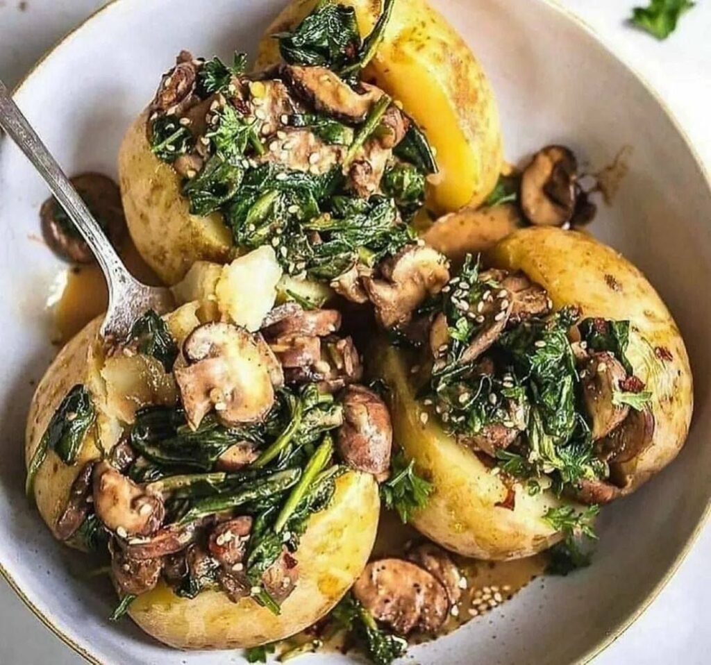 Vegan Stuffed Baked Potatoes with Mushroom and Spinach Recipe