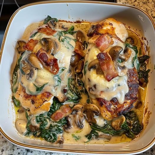 Low-Point Smothered Chicken with Creamed Spinach, Bacon, and Mushrooms