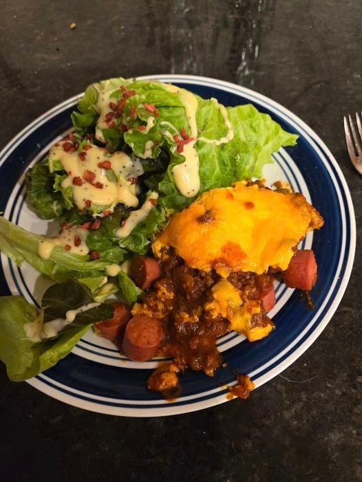 Chili cheese dog casserole and salad