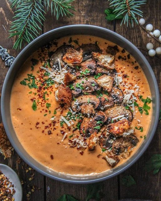 Vegan Smoky Red Pepper and Aubergine Soup with Buttery Mushrooms and Sourdough Croutons