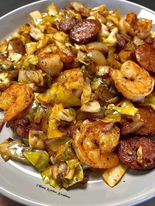 FRIED CABBAGE WITH SHRIMP, SAUSAGE & BACON