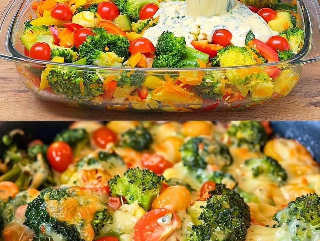 Creamy Baked Broccoli with Tomatoes and Kale