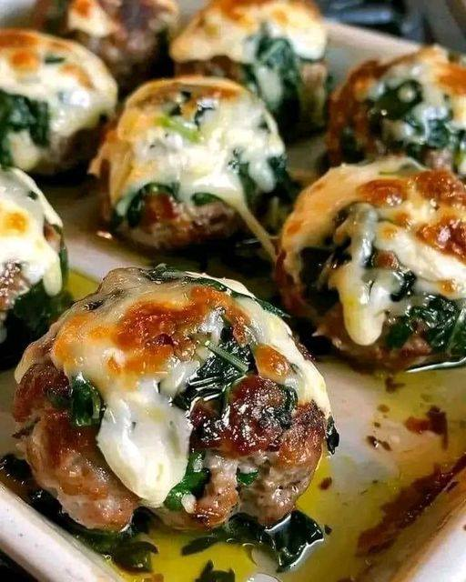 Spinach Garlic Meatballs Stuffed With Mozzarella