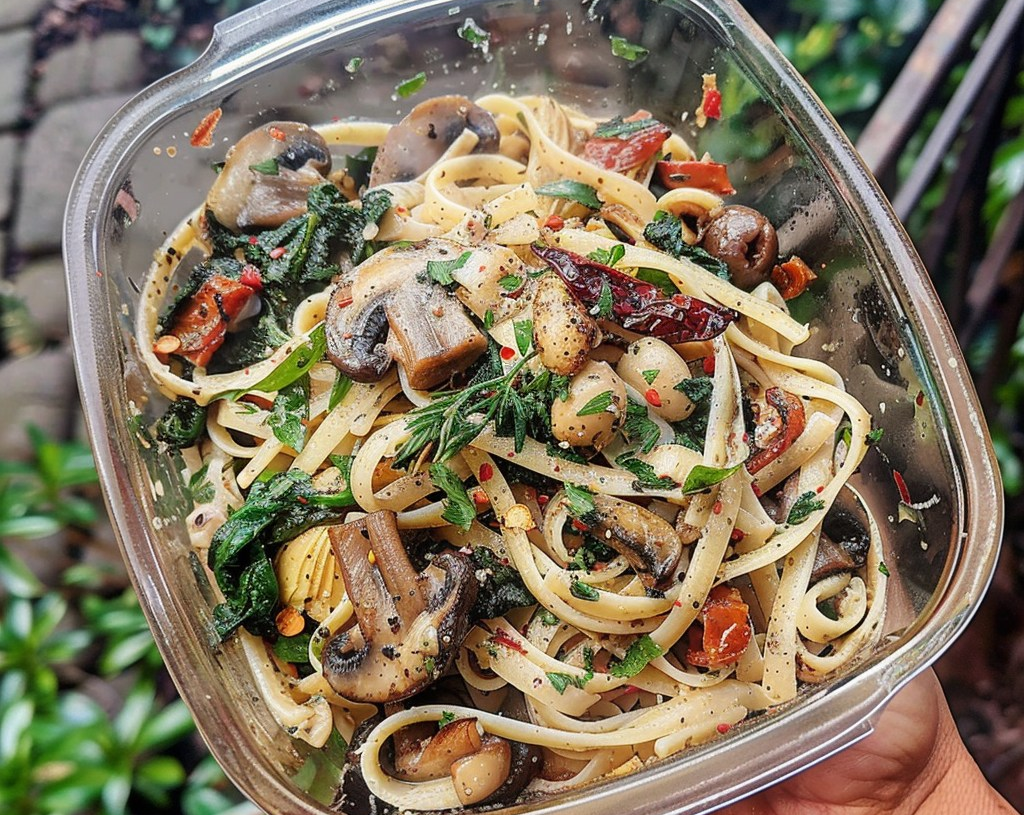 Vegan Linguine with Mushrooms, Olives, Sundried Tomatoes & Artichokes