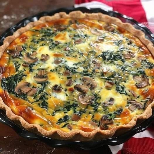 Cheesy Spinach and Mushroom Quiche,