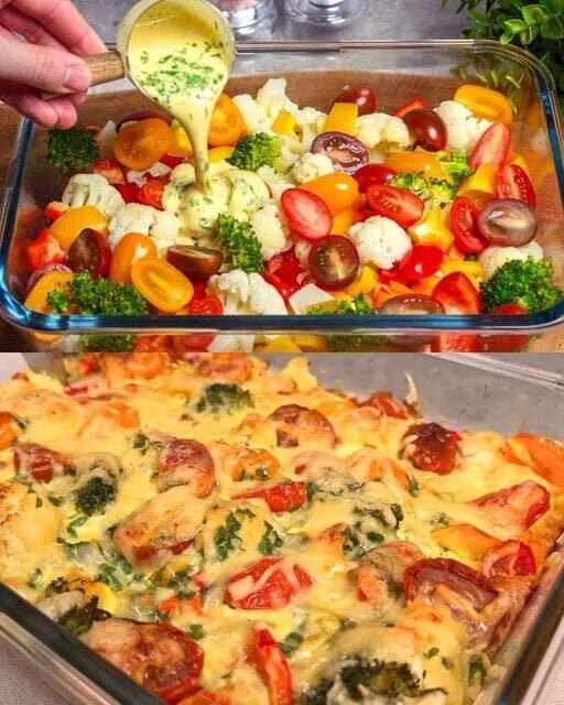 Creamy Baked Broccoli with Tomatoes and Kale