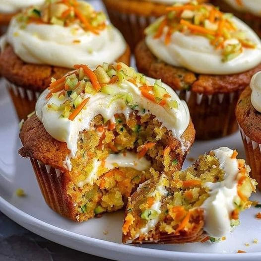 Carrot Apple Zucchini Muffins with Cream Cheese Frosting