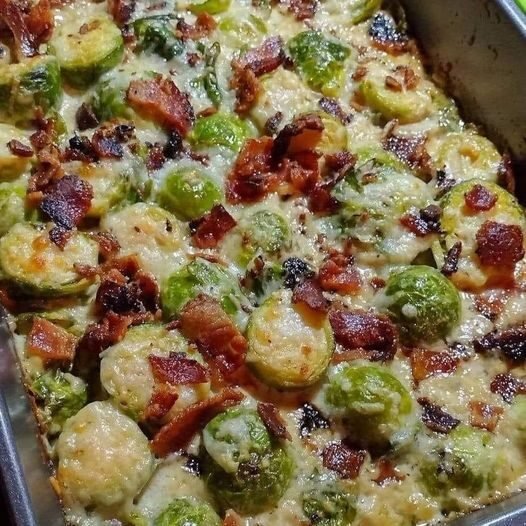 Keto Creamy Garlic Parmesan Brussels Sprouts with Bacon