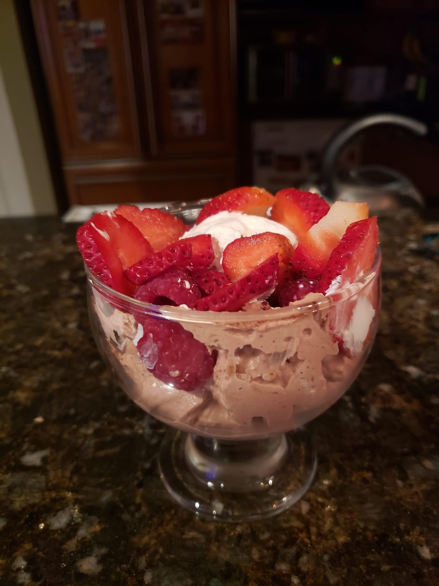 Chocolate Mousse with Fresh Strawberries and Whipped Cream