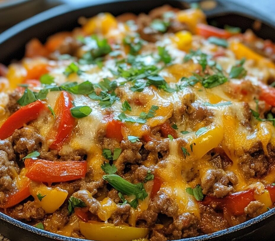 Keto Cheesy Beef and Bell Pepper Skillet