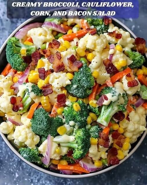 Creamy Broccoli, Cauliflower, Corn, and Bacon Salad