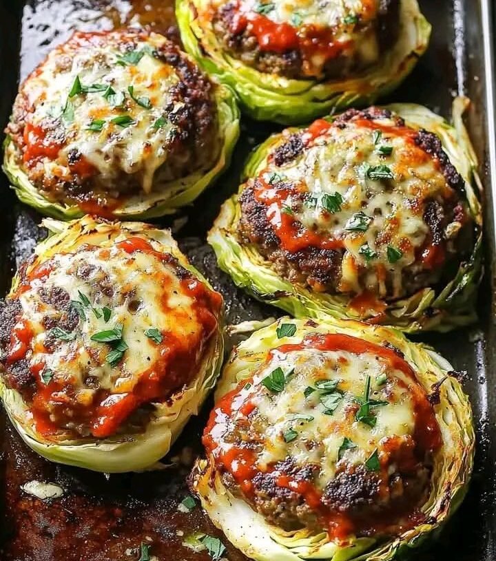 Air Fryer Cheesy Cabbage Steaks with Beef Patties
