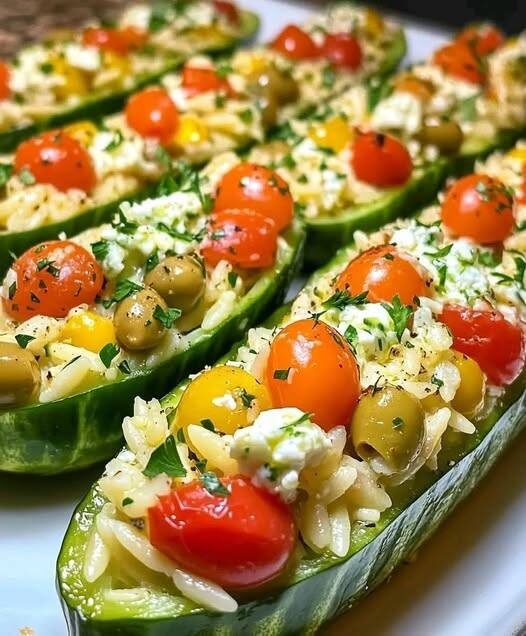 WW-Friendly Stuffed Cucumbers with Greek Orzo Salad & Tzatziki Drizzle