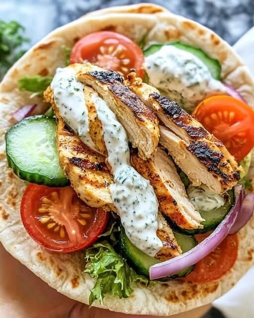 Greek Chicken Pita Wrap with Tzatziki & Fresh Veggies