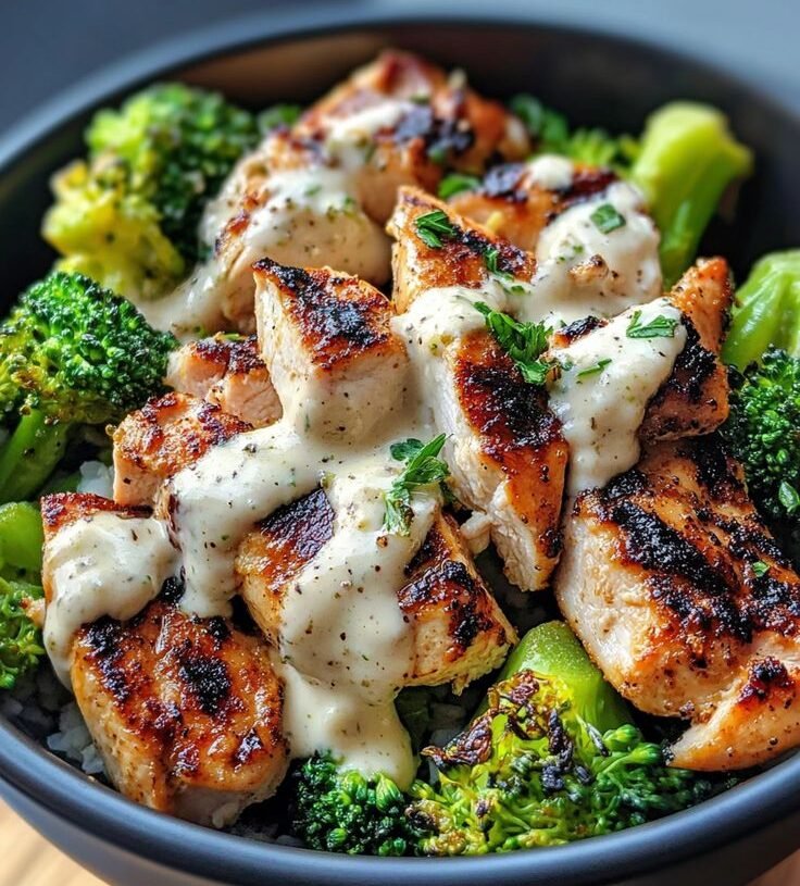 Keto Grilled Chicken & Broccoli Bowls with Creamy Garlic Sauce