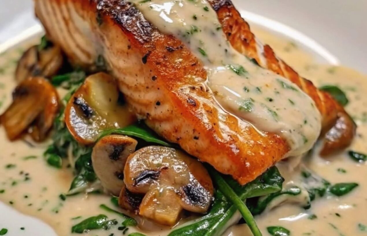 Garlic Butter Salmon with Spinach & Mushrooms in Creamy Sauce 