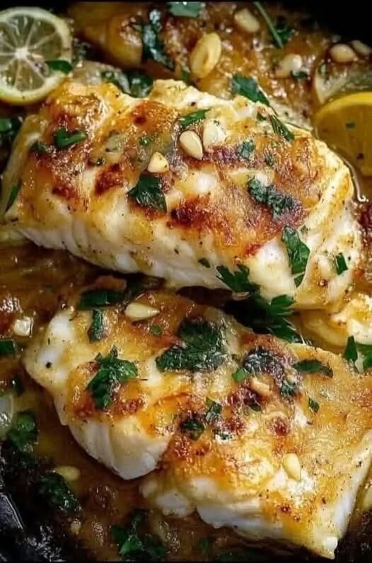 Lemon-Garlic Baked Cod with Pine Nuts and Parsley