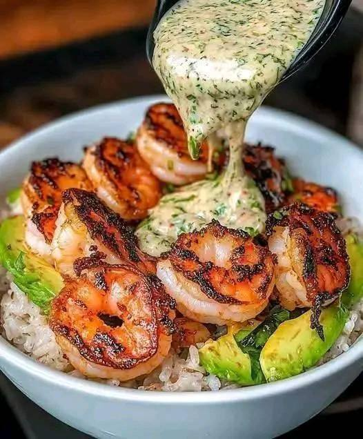 Grilled Shrimp Avocado Rice Bowl with Creamy Herb Sauce