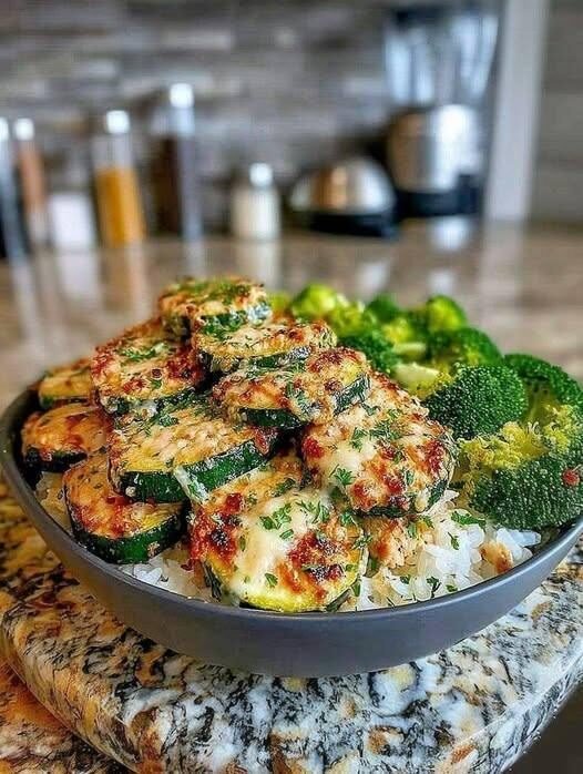 High protein Garlic Parmesan Zucchini Bowl with Rice & Broccoli