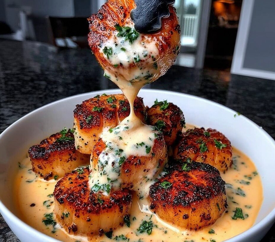 High-Protein Pan-Seared Scallops in Creamy Garlic Herb Sauce