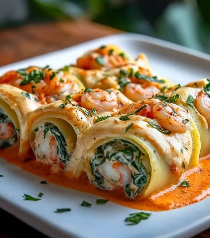 Shrimp and Spinach Stuffed Pasta Rolls