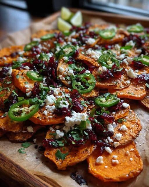🌿 Mediterranean Roasted Sweet Potato Rounds with Feta, Cranberries & Jalapeño