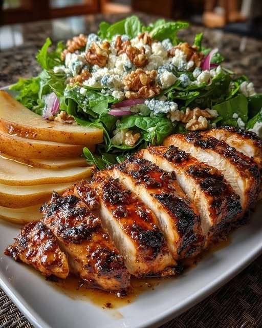 🌿 Mediterranean Honey-Balsamic Chicken with Pear & Walnut Greens