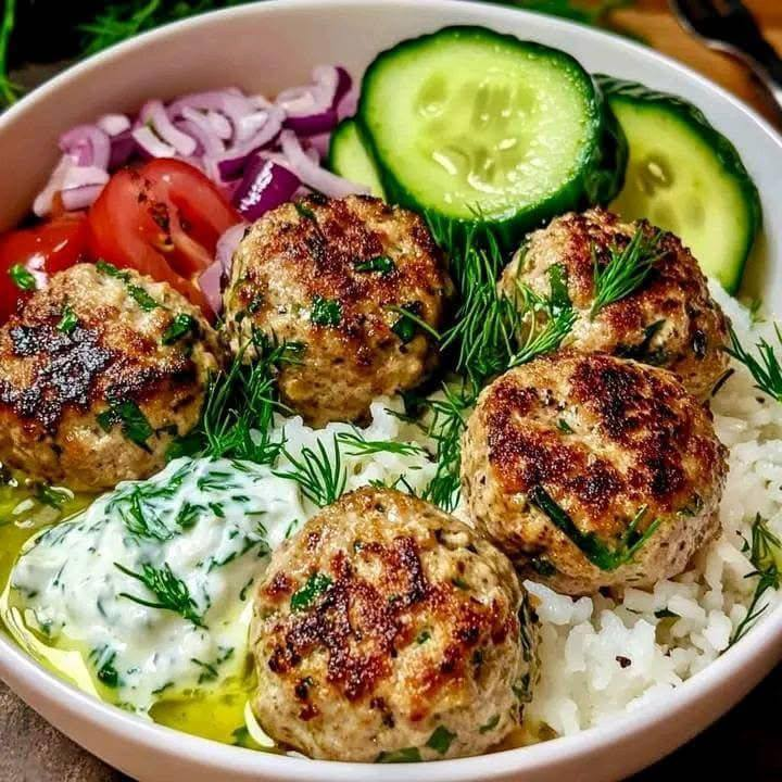 Mediterranean Lemon-Herb Meatball Bowls with Tzatziki & Rice
