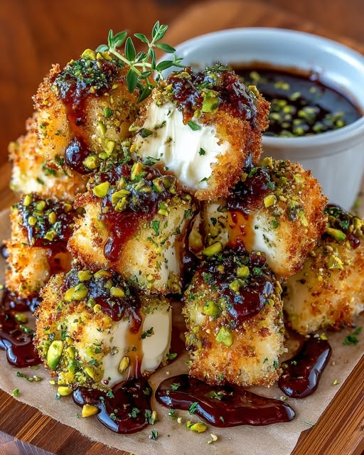 🌿 Mediterranean Crispy Herbed Feta Bites with Pistachios & Pomegranate Glaze