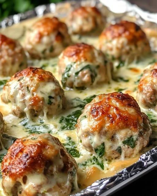 🧆 Mediterranean Baked Chicken Meatballs in Creamy Spinach Feta Sauce