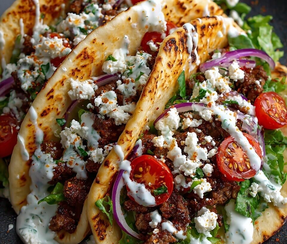 🌊 Mediterranean Spiced Lamb Pita Boats with Creamy Tzatziki, Feta & Fresh Garden Vegetables