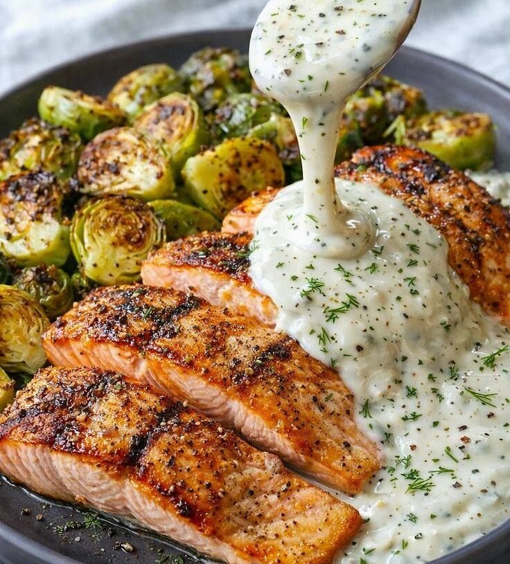 Salmon & Brussels Sprouts with Creamy Horseradish Yogurt Sauce