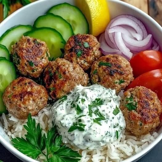 Greek Meatball Bowl with Tzatziki, Rice & Fresh Vegetables