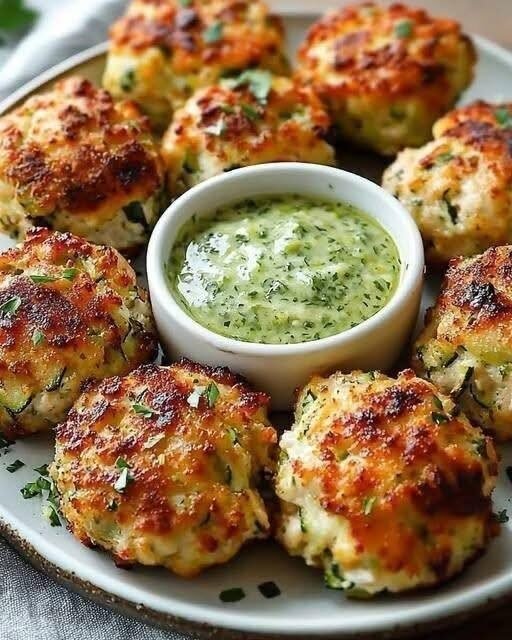 Crispy Chicken & Zucchini Bites with Garlic Herb Yogurt Dip
