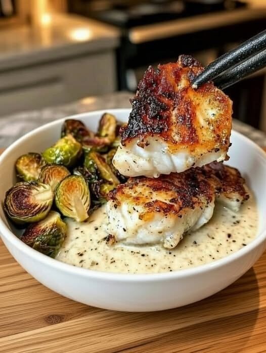 Pan-Seared Fish with Creamy Dijon Sauce and Roasted Brussels Sprouts