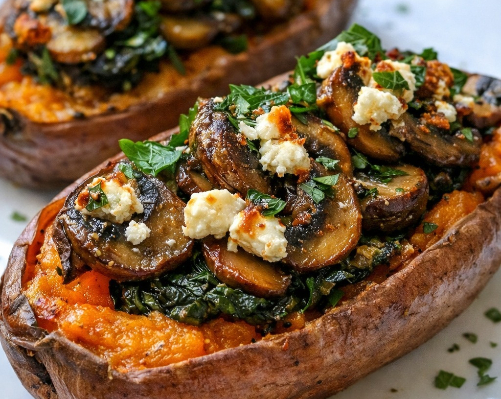 Stuffed Sweet Potatoes with Garlic Mushrooms & Spinach