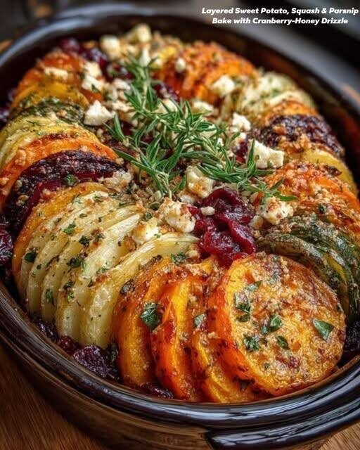 layered Sweet Potato, Squash & Parsnip Bake with Cranberry-Honey Drizzle