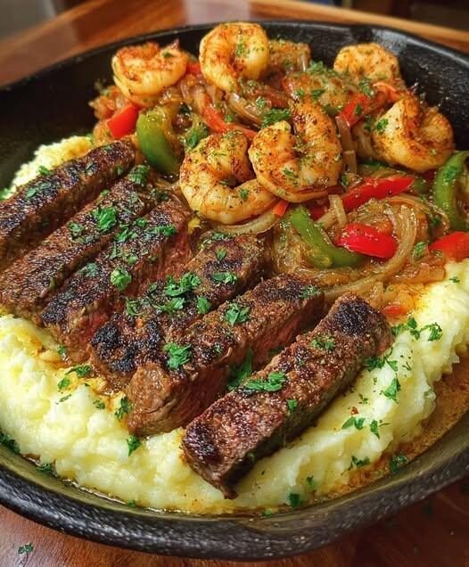 Ultimate High-Protein Surf & Turf Skillet with Garlic Parmesan Mashed Potatoes, Cajun Shrimp & Juicy Steak Bites