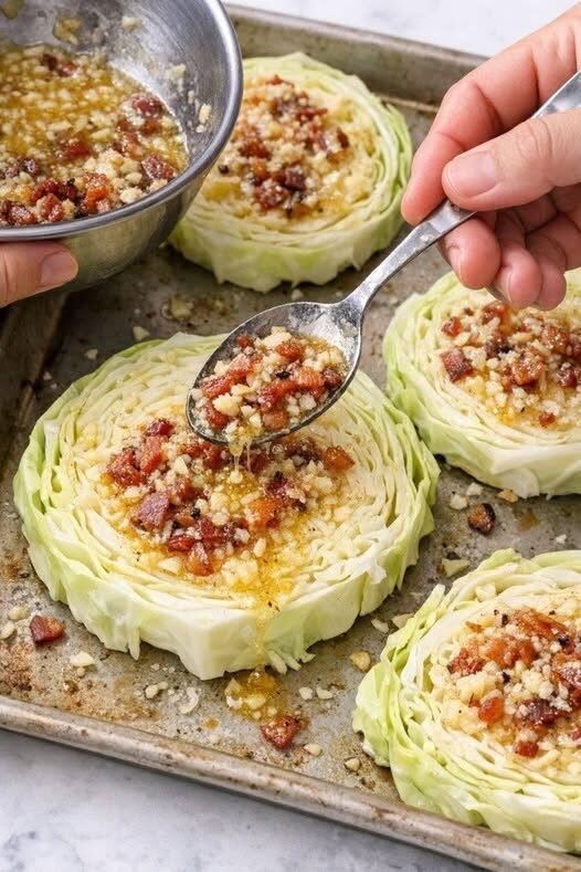 Crispy Roasted Cabbage Steaks with Garlic Butter and Bacon Crumble