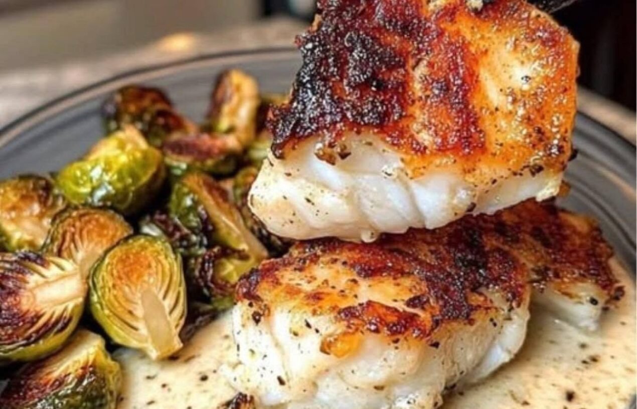 Crispy Pan-Seared Cod with Creamy Garlic Parmesan Sauce and Roasted Brussels Sprouts