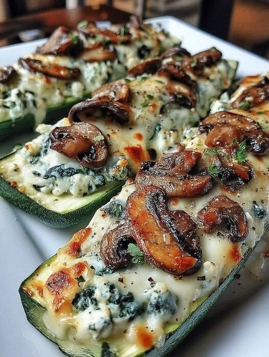 Spinach Mushroom and Ricotta Stuffed Zucchini Boats